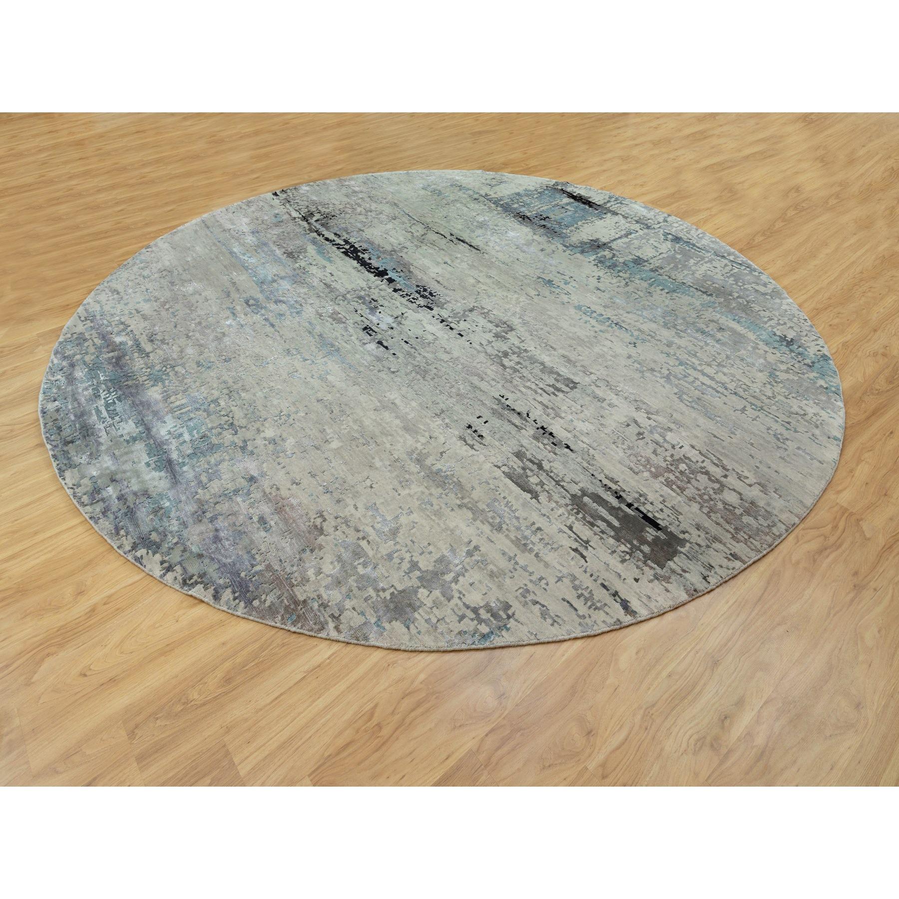 Handgeknüpfter runder Teppich aus Wolle und Seide in Silber-Blau, modernes abstraktes Design 12' x 12' (Indisch) im Angebot