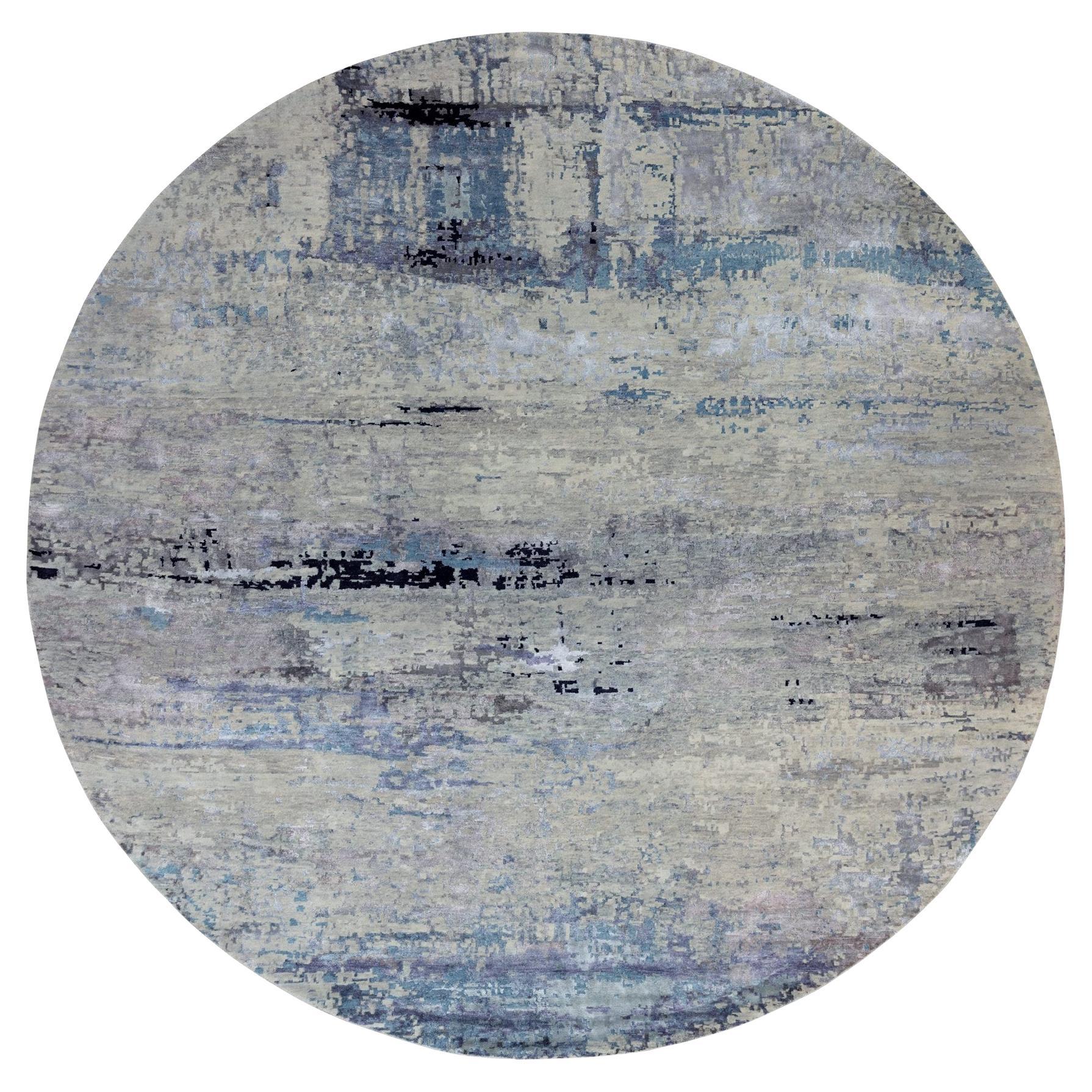 Silver-Blue Moderno Design Astratto annodato a mano in lana e seta Tappeto rotondo 12' x 12'