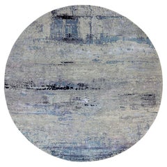 Silver-Blue Modern Abstract Design Hand Knotted Wool & Silk Round Rug 12' x 12'