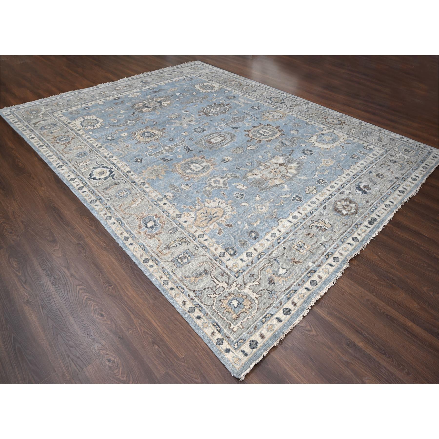 Indian Silver Blue Wool Hand Knotted Oushak Design Oversized Oriental Rug 11'9