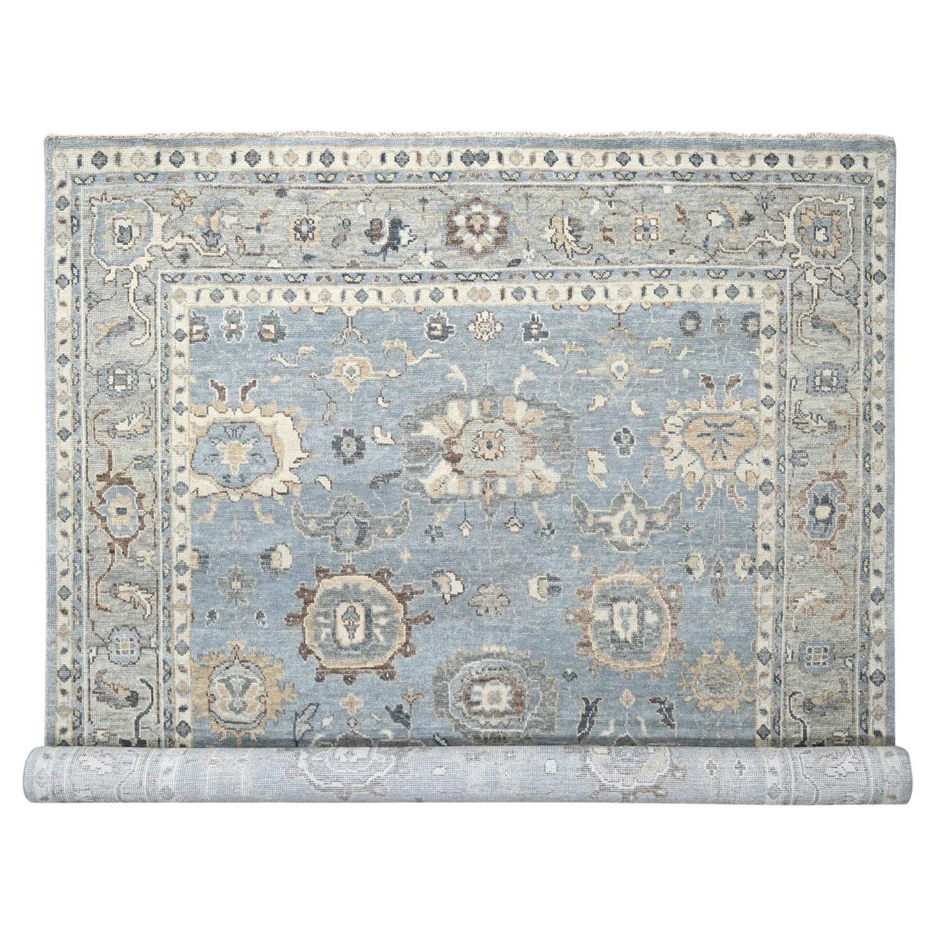 Silver Blue Wool Hand Knotted Oushak Design Oversized Oriental Rug 11'9"x14'10"