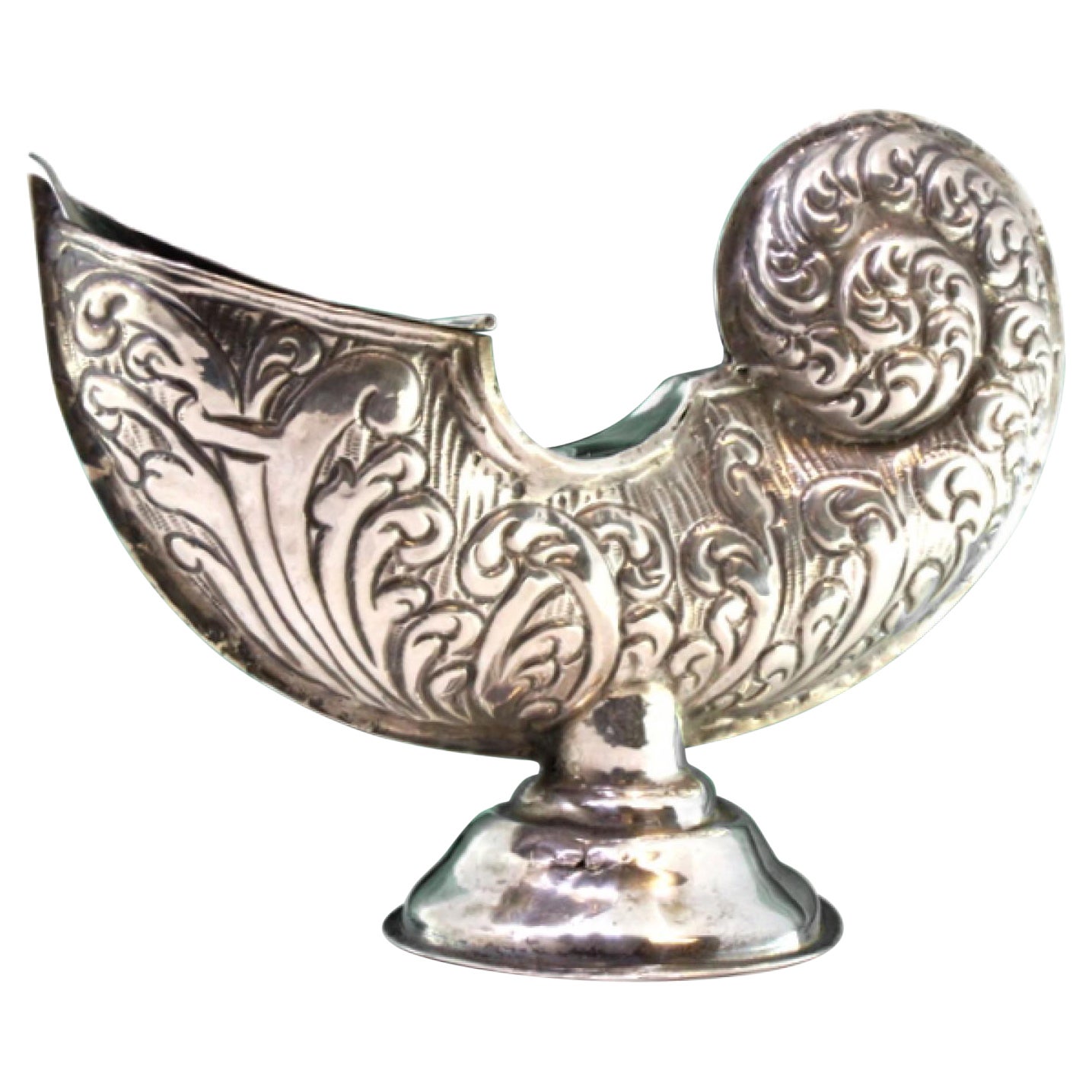 Silver boat with reliefs and applications, set on a circular base with friezes