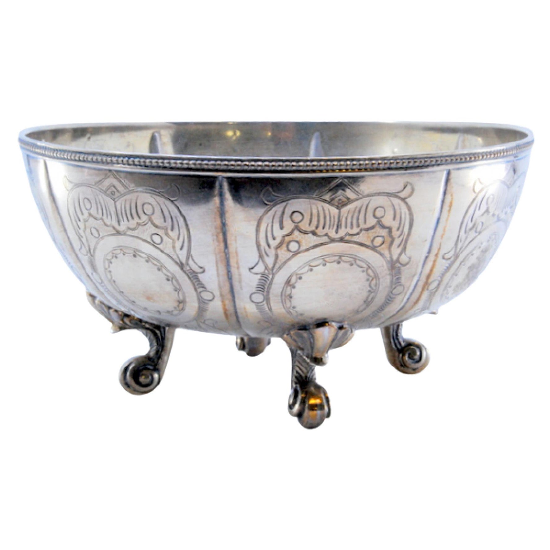 Silver bonbonette box w/ engravings, pearled rim 
resting on four palmette feet