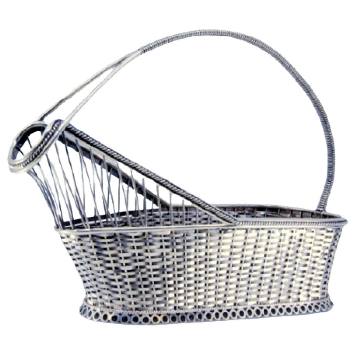 Silver bottle basket with friezes and resting on a ring-shaped base