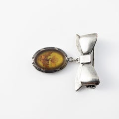 Silver Bow Pin with Reverse Painted Flower Oval Pendant