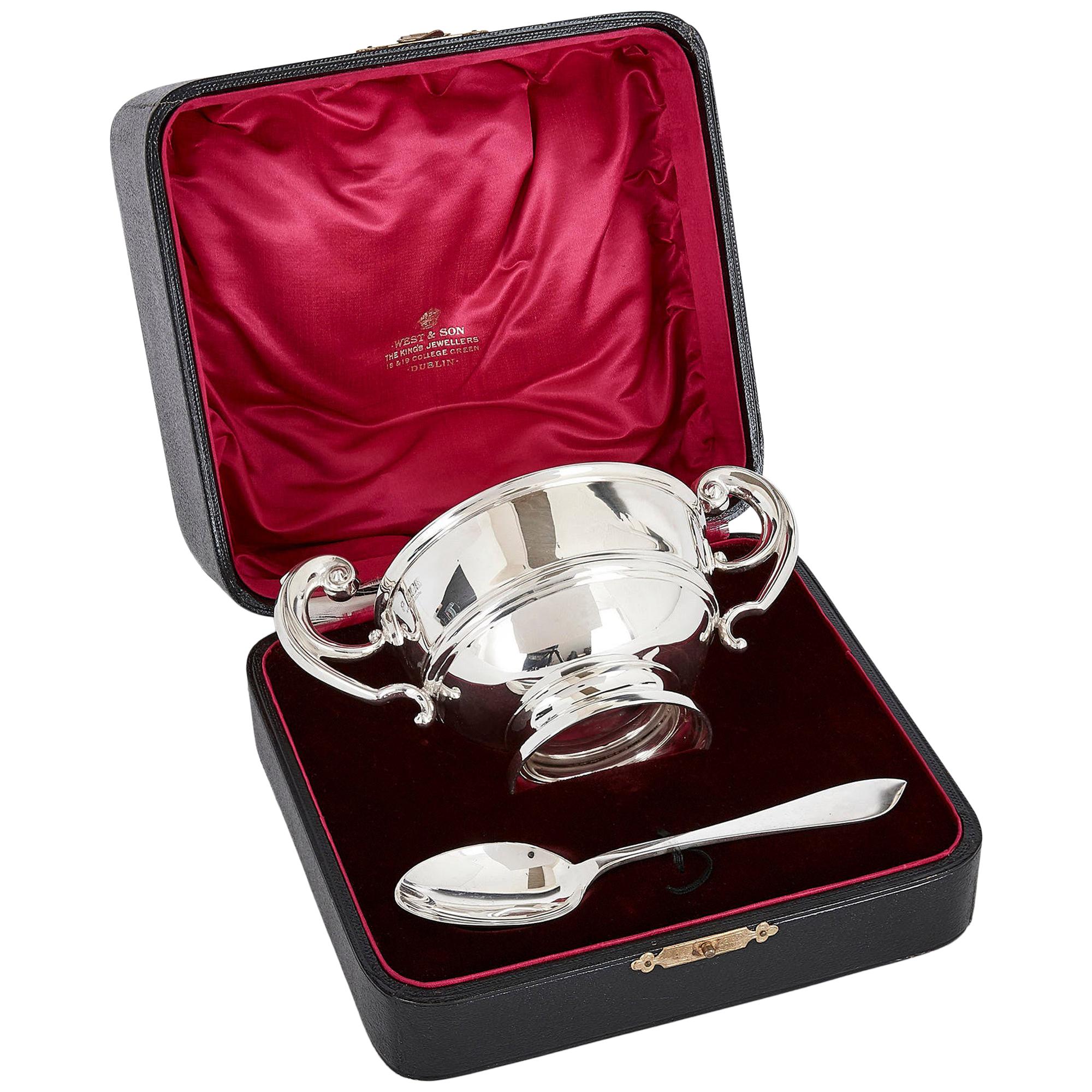 Silver Bowl and Spoon in Fitted Case by Irish Firm West & Son For Sale