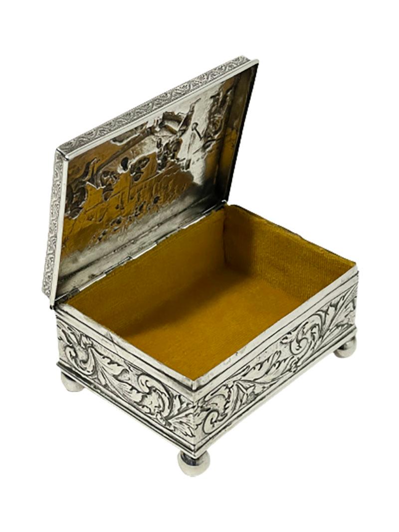 German Silver Box by Simon Rosenau with a Scene of 5 Men Drinking in the 17th Century For Sale