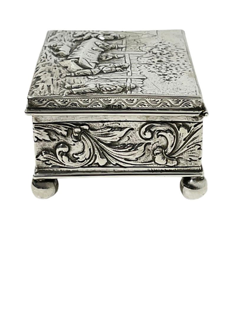 19th Century Silver Box by Simon Rosenau with a Scene of 5 Men Drinking in the 17th Century For Sale