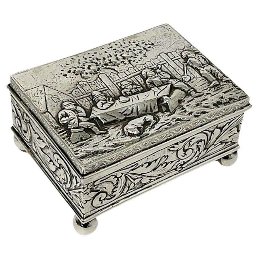 Silver Box by Simon Rosenau with a Scene of 5 Men Drinking in the 17th Century For Sale