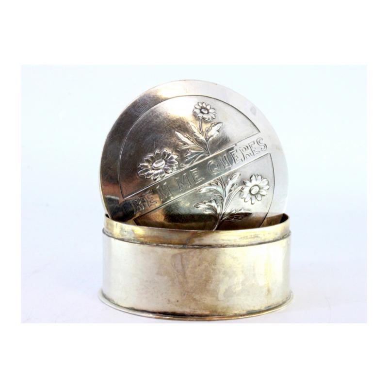 Silver box for pins and needles with marigolds embossed on the removable lid For Sale 3