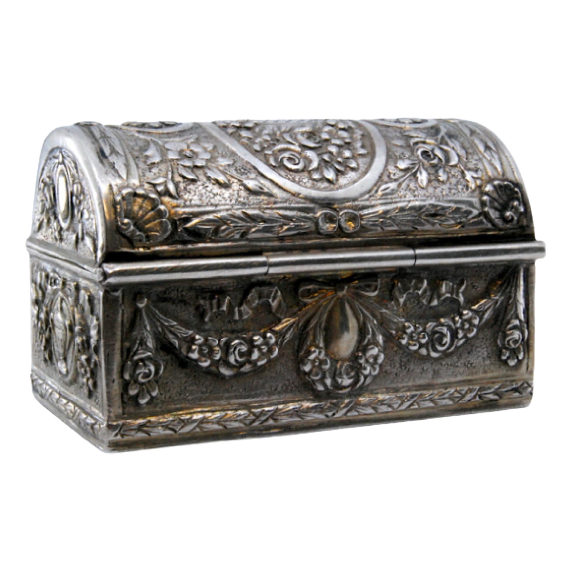 Silver box for rosary with relief and religious motifs