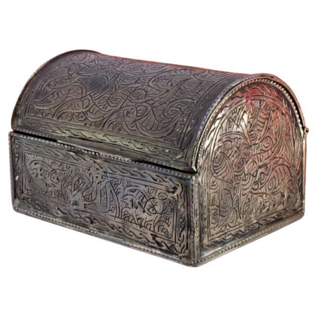 Silver box in the shape of a chest w/ Turkish-style engravings & a hinged lid For Sale