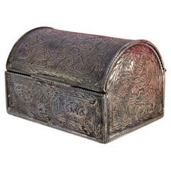 Silver box in the shape of a chest w/ Turkish-style engravings & a hinged lid