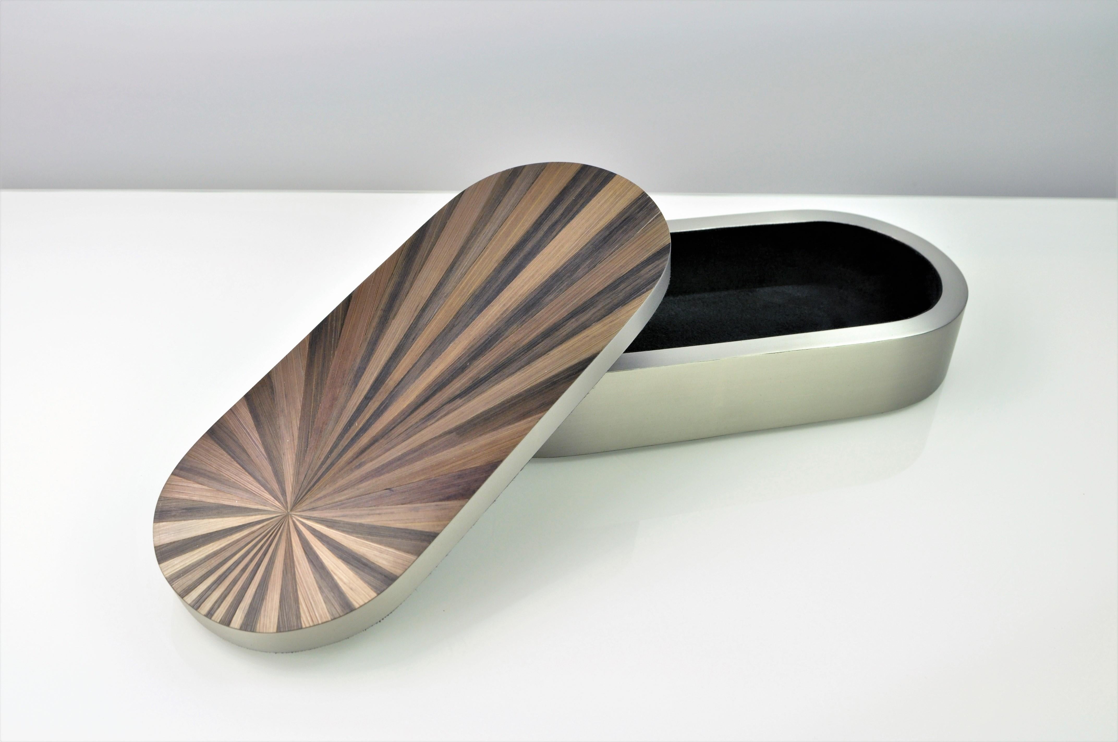 Caja de plata con tapa de marquetería de paja de Ginger Brown Art Decó en venta