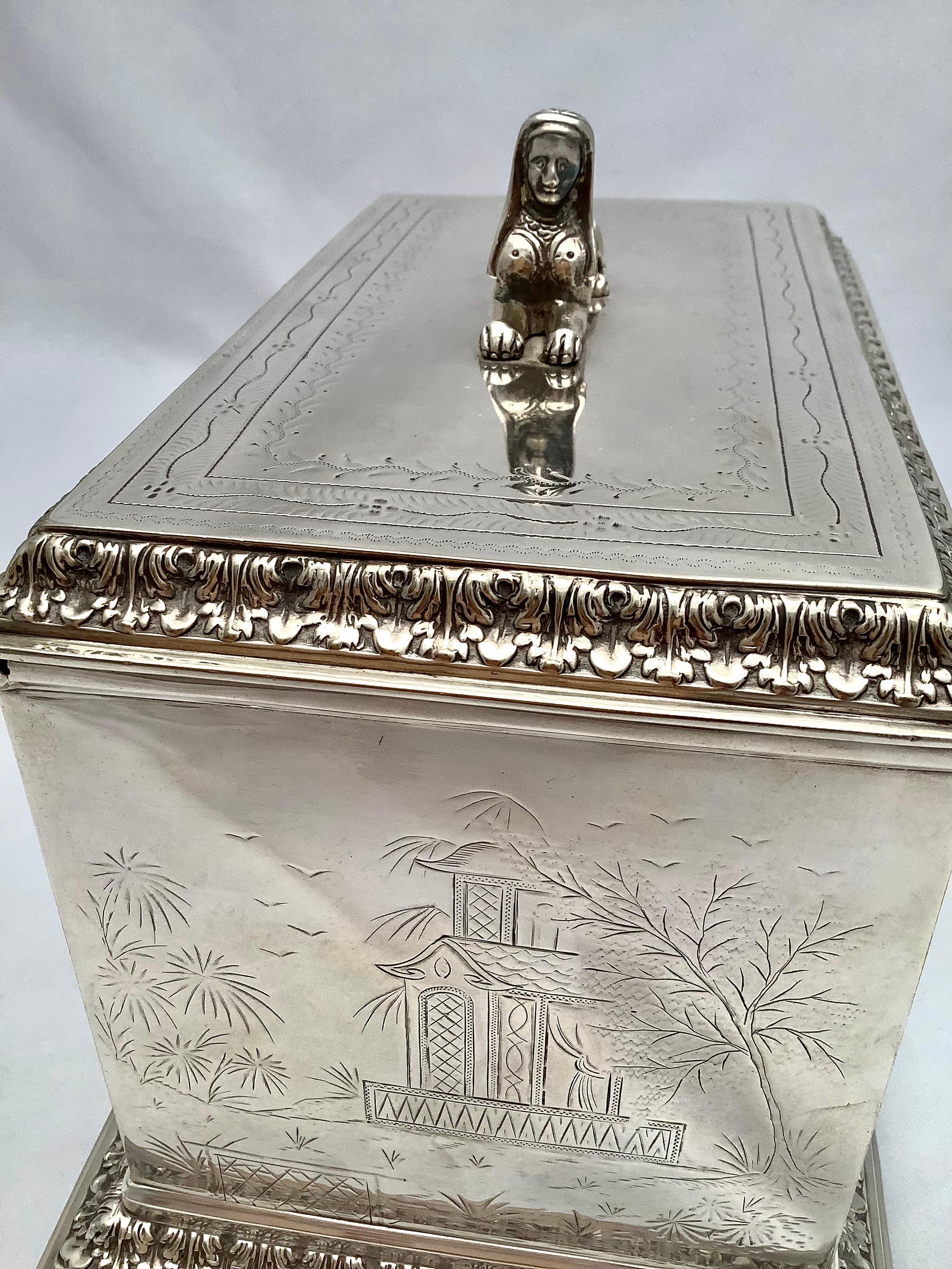 20th Century Silver Box with Asian Decorative Engraving