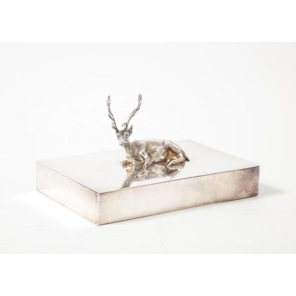 Silver Box with Deer Ornament on Lid, France, c. 1940

Elegant silver plated box with a sitting stag adorning the top.

Additional Information:
Materials: Silver Plated Metal
Origin: France
Period: 1920-1949
Creation Date: c. 1940
Styles /
