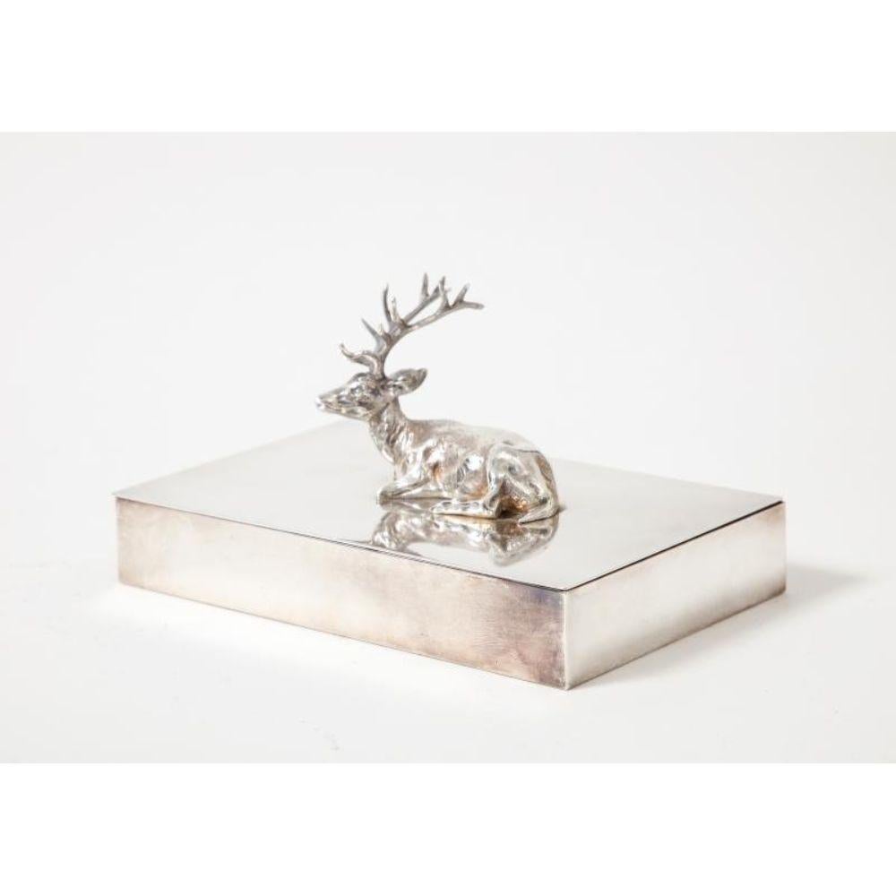 Plated Silver Box with Deer Ornament on Lid, circa 1940 For Sale