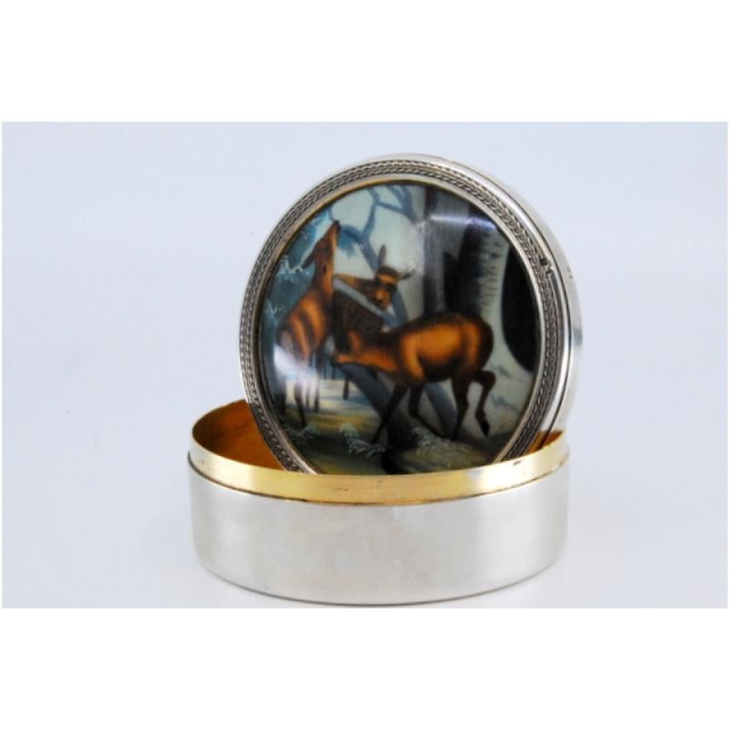 20th Century Silver box with enameled image on the lid of deer in the ice For Sale
