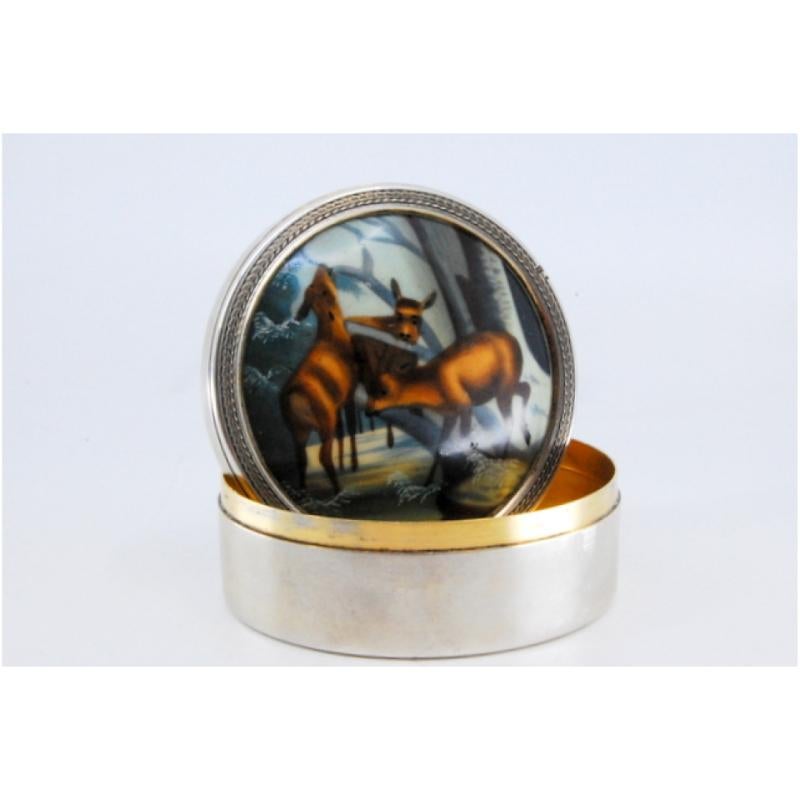 Silver box with enameled image on the lid of deer in the ice For Sale 1