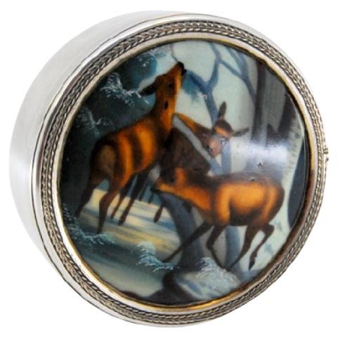 Silver box with enameled image on the lid of deer in the ice For Sale