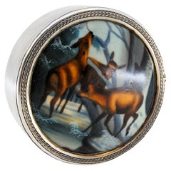 Silver box with enameled image on the lid of deer in the ice