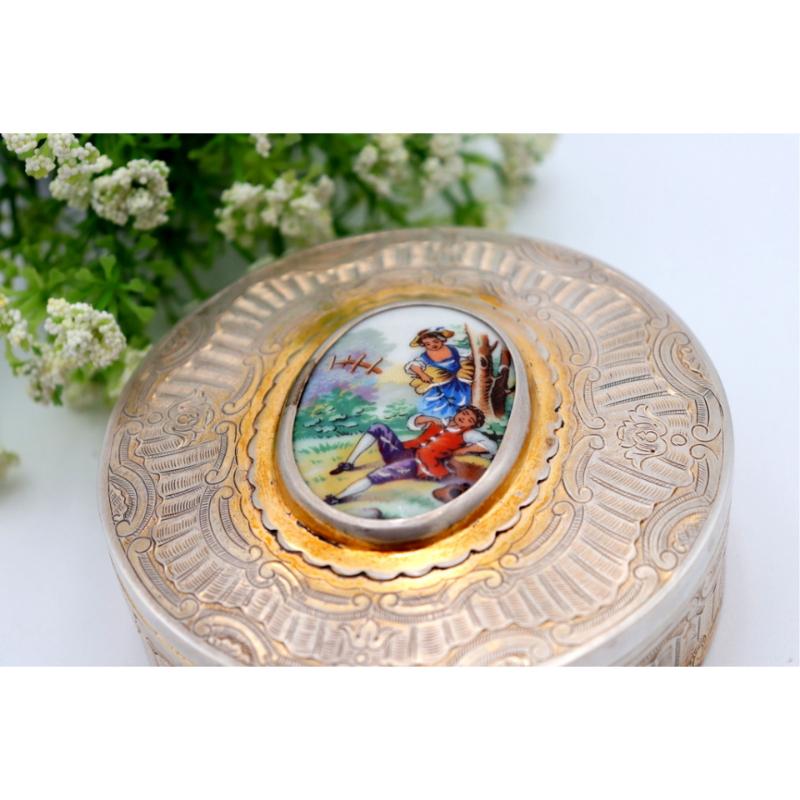 European Silver box with reliefs and enameled monogram with idyllic scene For Sale
