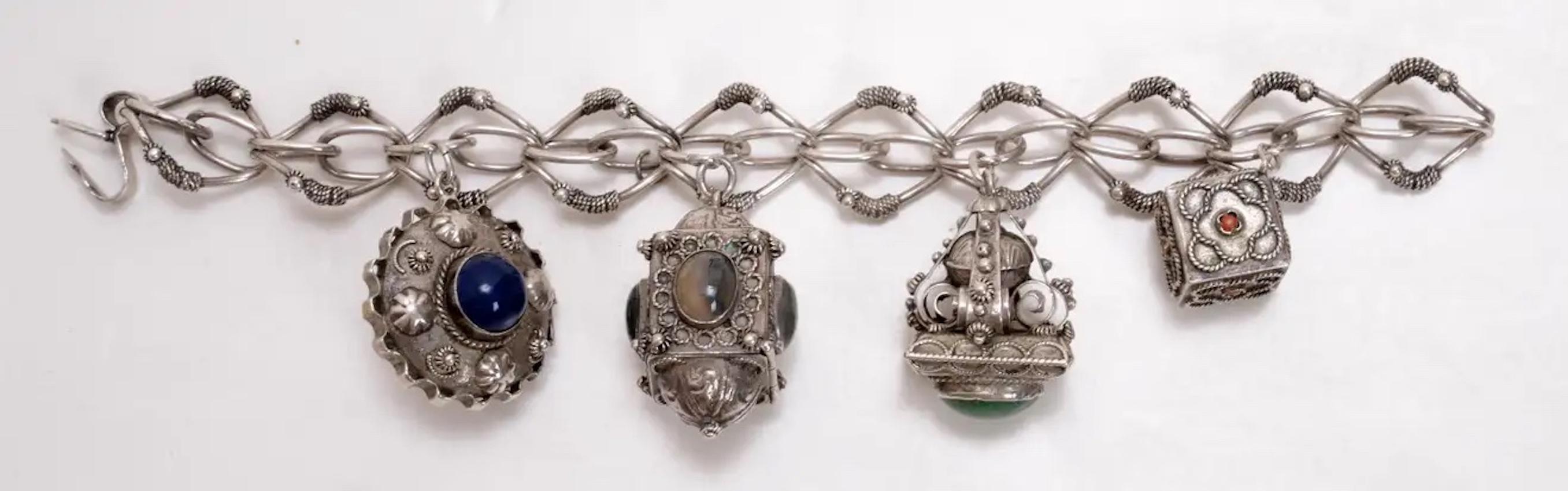 Silver Bracelet, 4 Charms Mounted with Assorted Stones For Sale 5