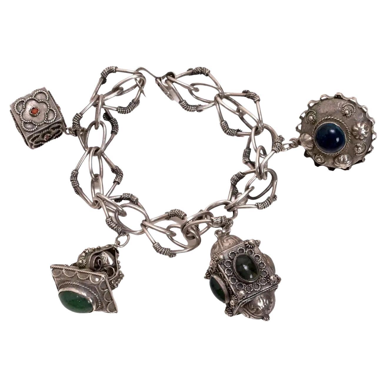 Silver Bracelet, 4 Charms Mounted with Assorted Stones For Sale