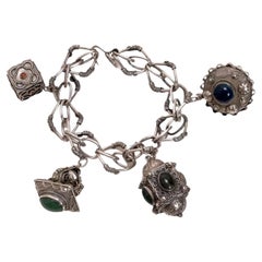 Antique Silver Bracelet, 4 Charms Mounted with Assorted Stones