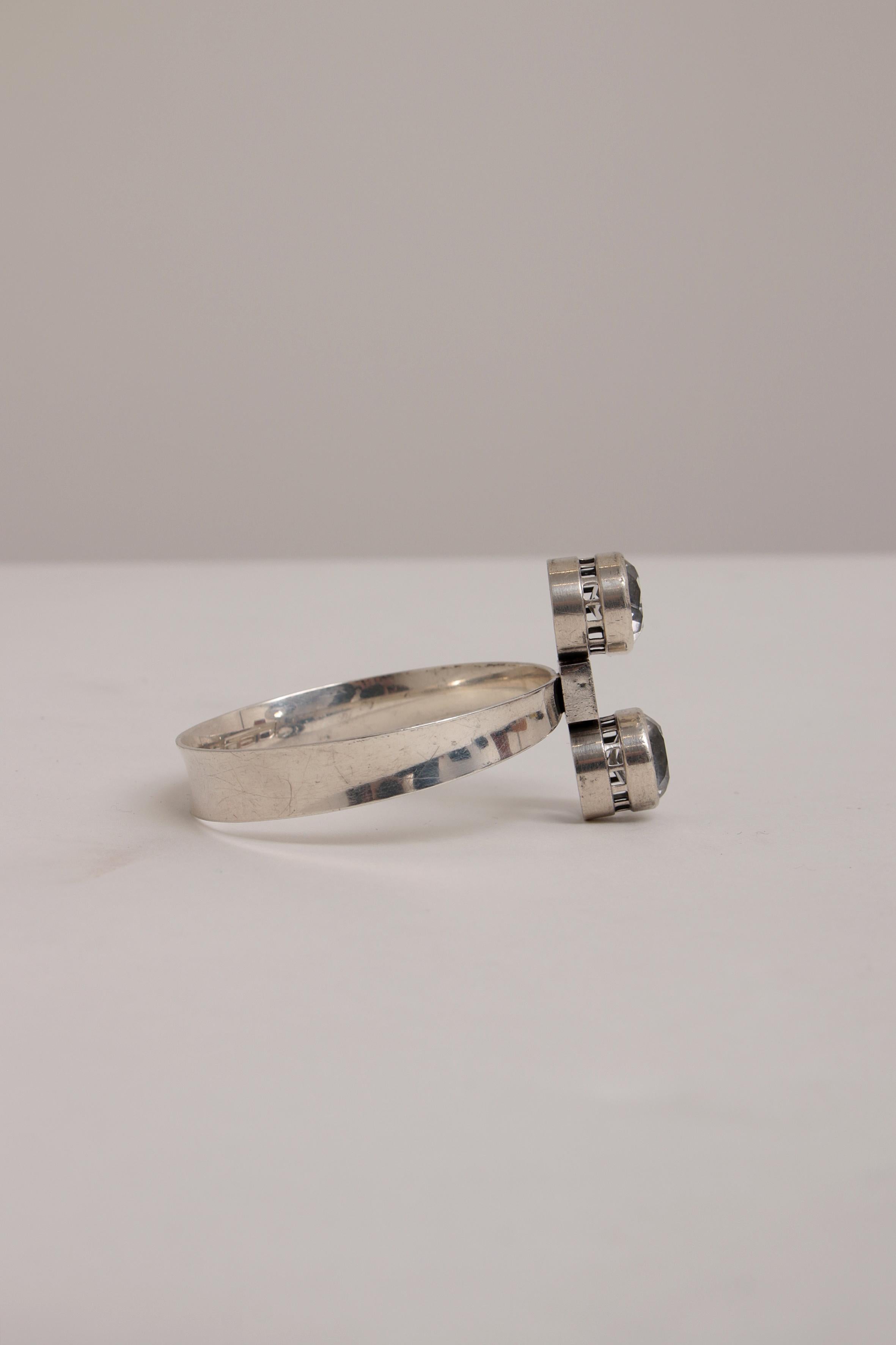 Hand-Crafted Silver Bracelet with 2 Cut Rock Crystal Alton, Sweden, 1967 For Sale