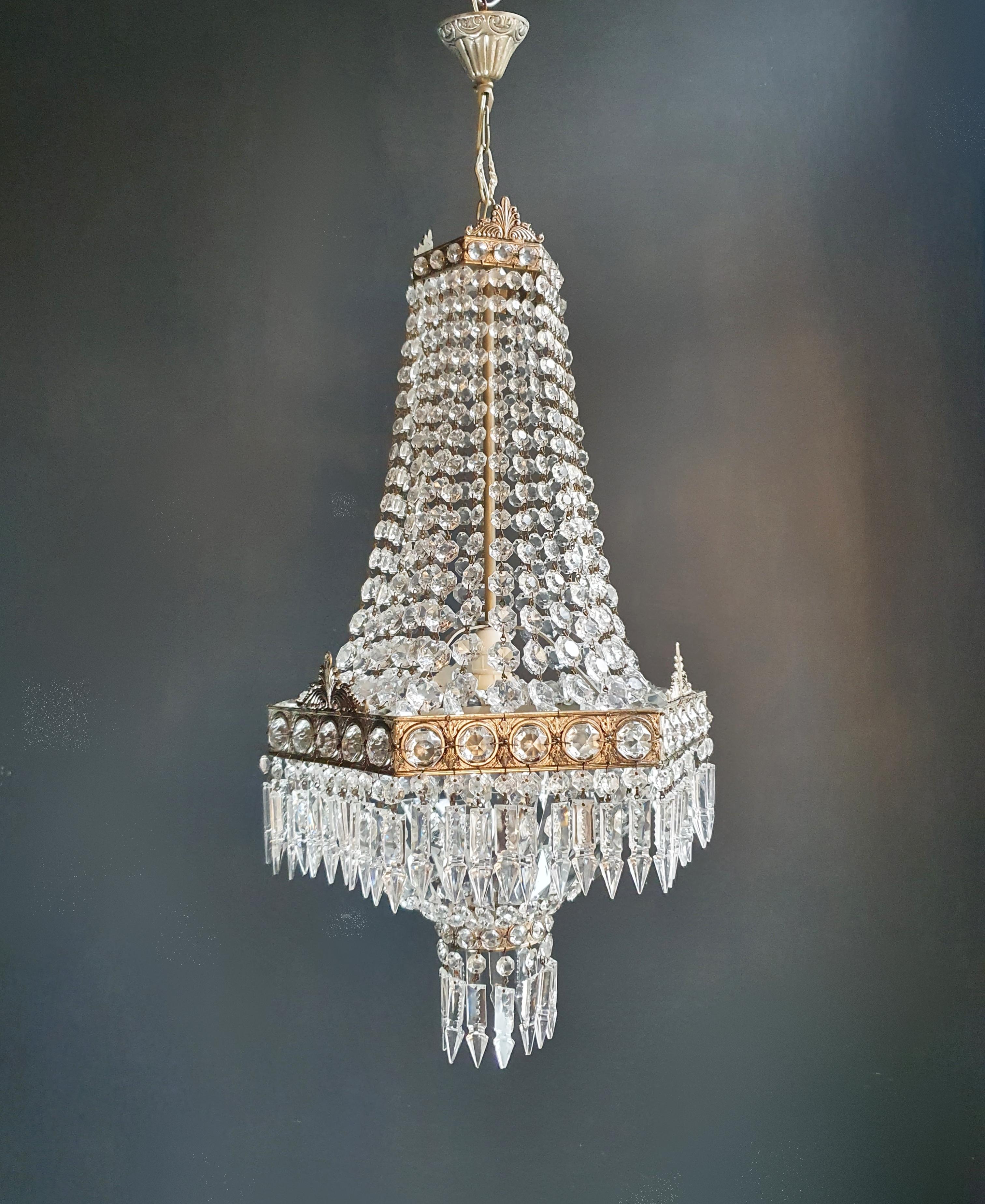 Mid-20th Century Silver Square Empire Sac a Pearl Chandelier Crystal Antique Classic For Sale