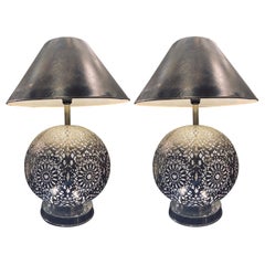 Silver Brass Filigree Moroccan Table Lamp, with Bottom and Upper Lights, a Pair