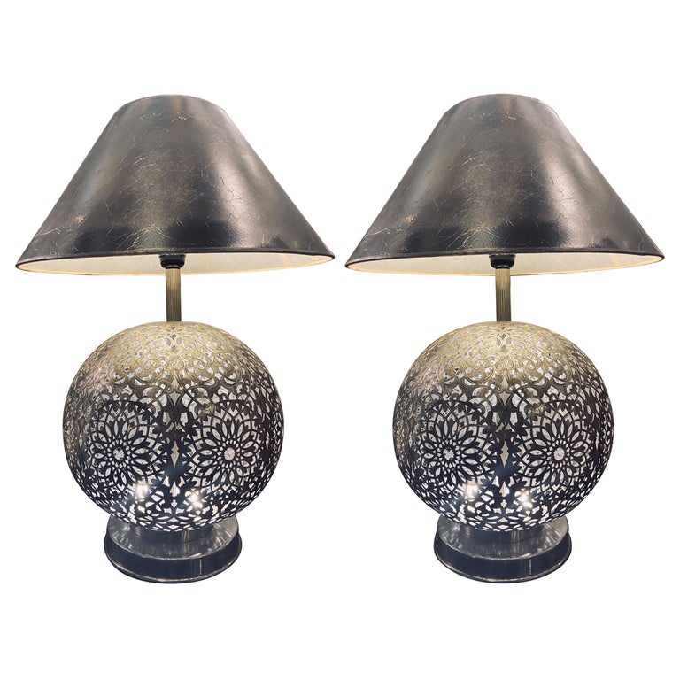 Silver Brass Filigree Moroccan Table Lamp, with Bottom and Upper Lights, a  Pair For Sale at 1stDibs