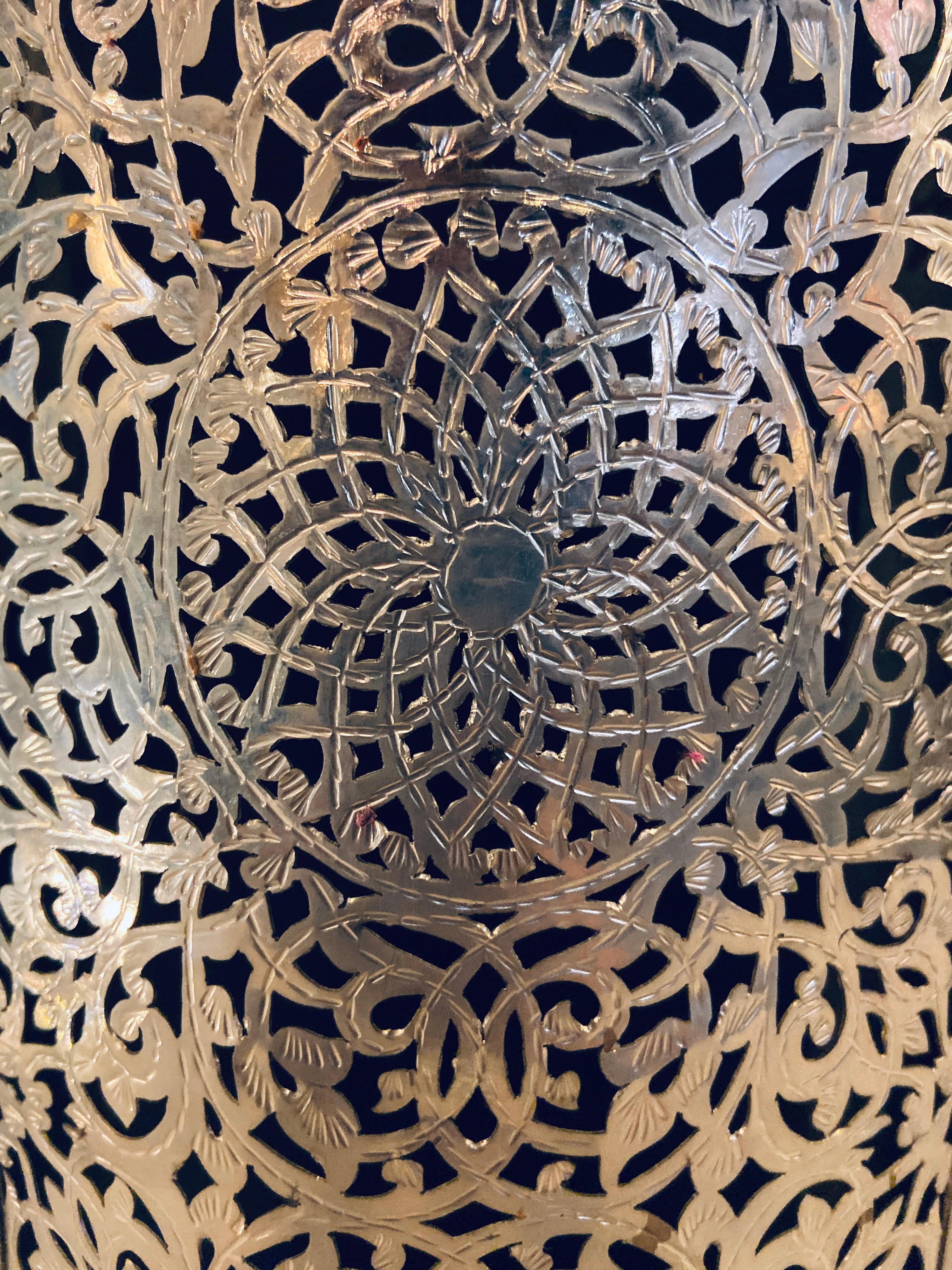 Late 20th Century Silver Brass Modern Moroccan Wall Lanterns/Sconces in Filigree Design, a Pair