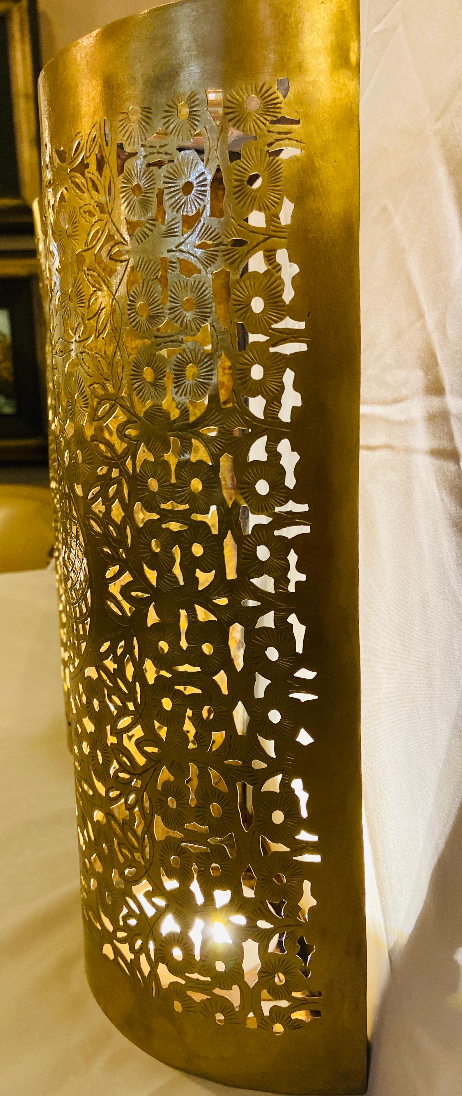 Moroccan Brass Wall Lantern or Sconce with Filigree Design, a Pair In Good Condition In Plainview, NY