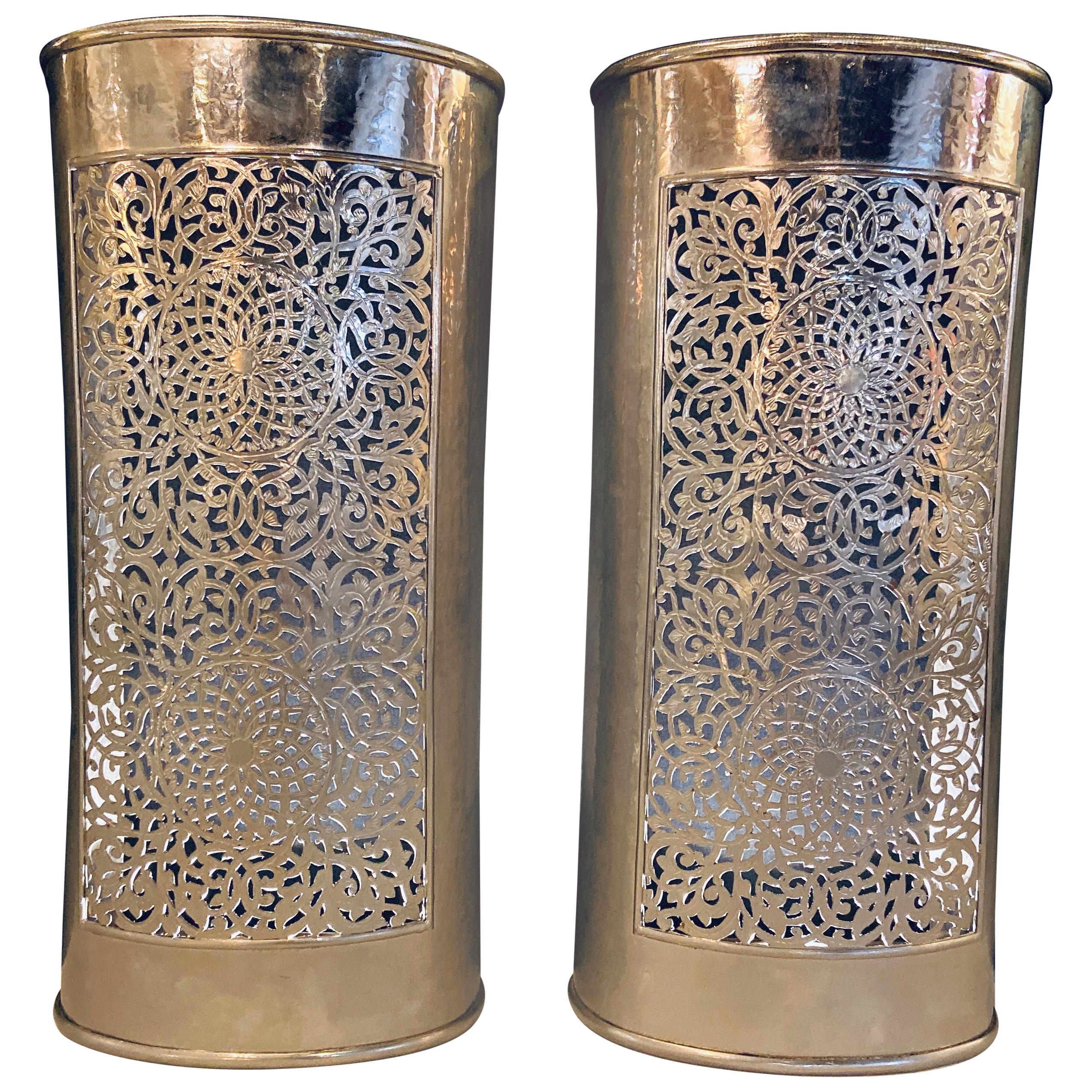 Silver Brass Modern Moroccan Wall Lanterns/Sconces in Filigree Design, a Pair