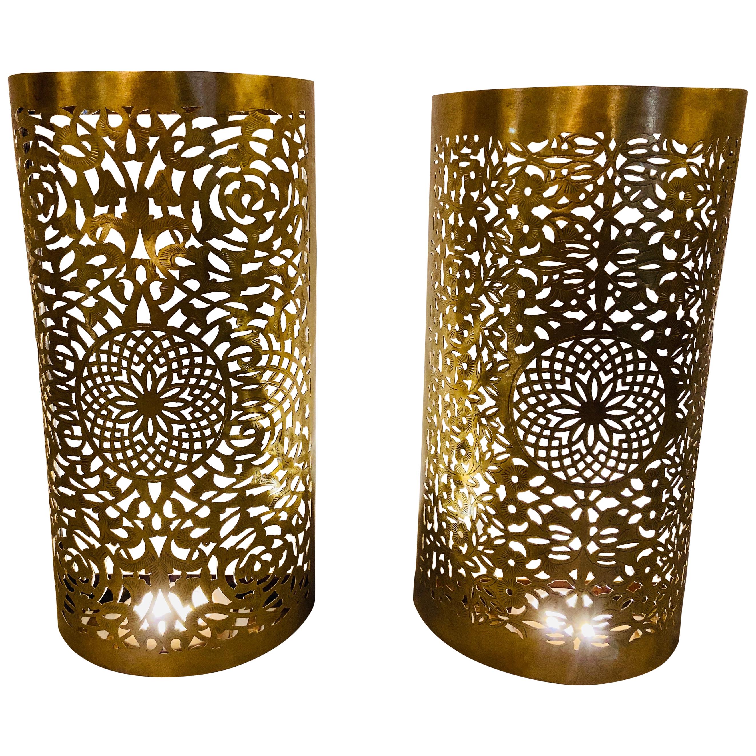 Moroccan Brass Wall Lantern or Sconce with Filigree Design, a Pair