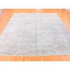 Silver Broken Persian Design Hand Knotted Wool and Silk Square Oriental Rug