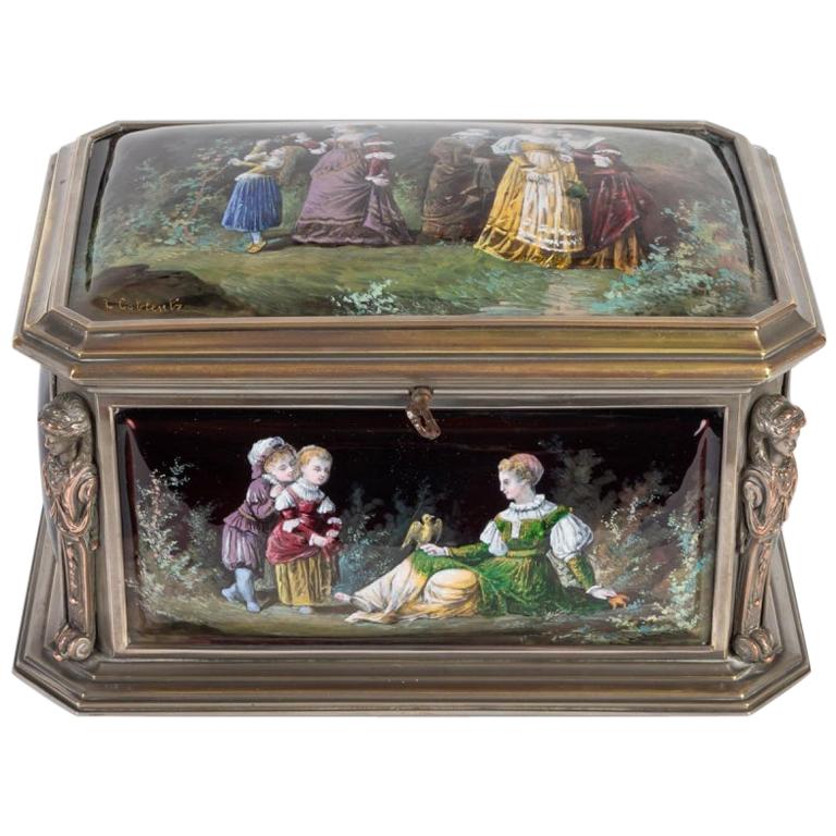 Silver Bronze and Enamel Box, Painting Signed by COBLENTZ