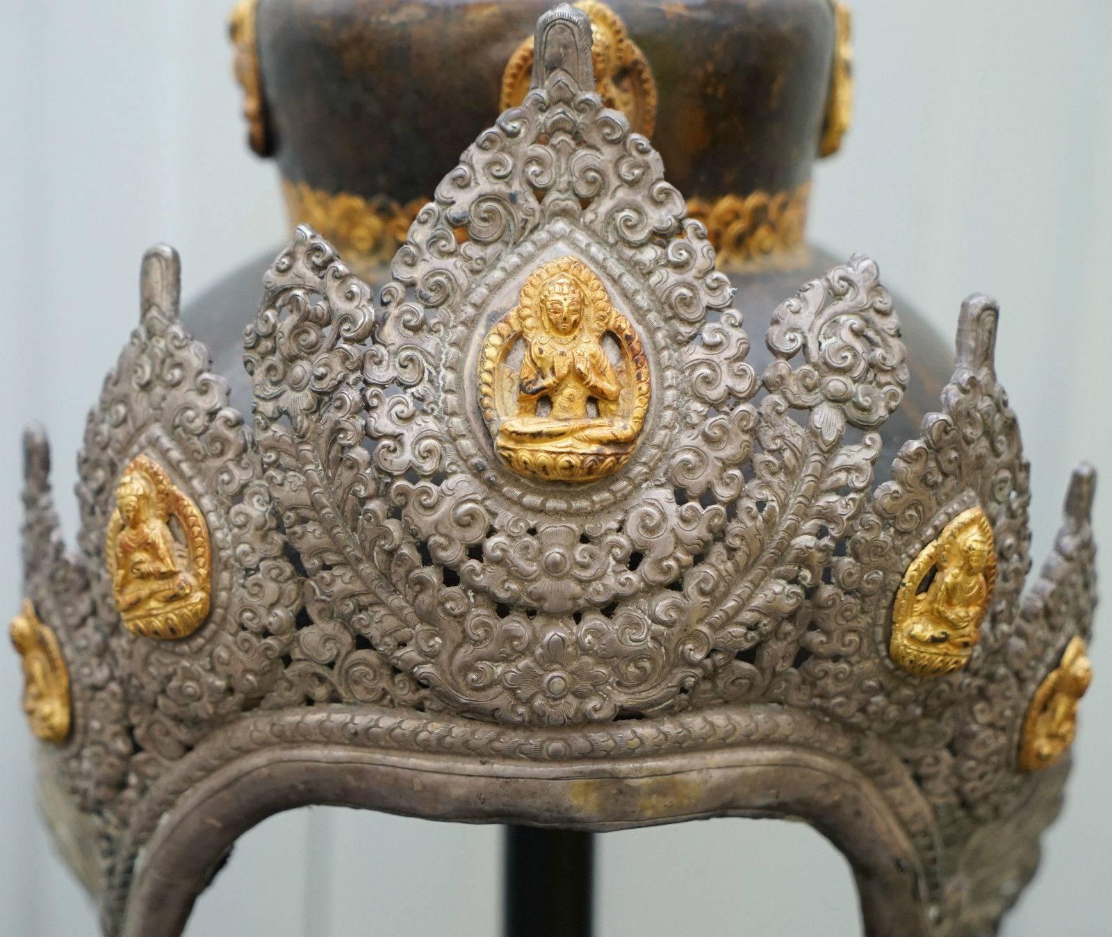 19th Century Silver & Bronze Antique Buddhist Stupa Vajracharya Masters of Thunderbolt Crown