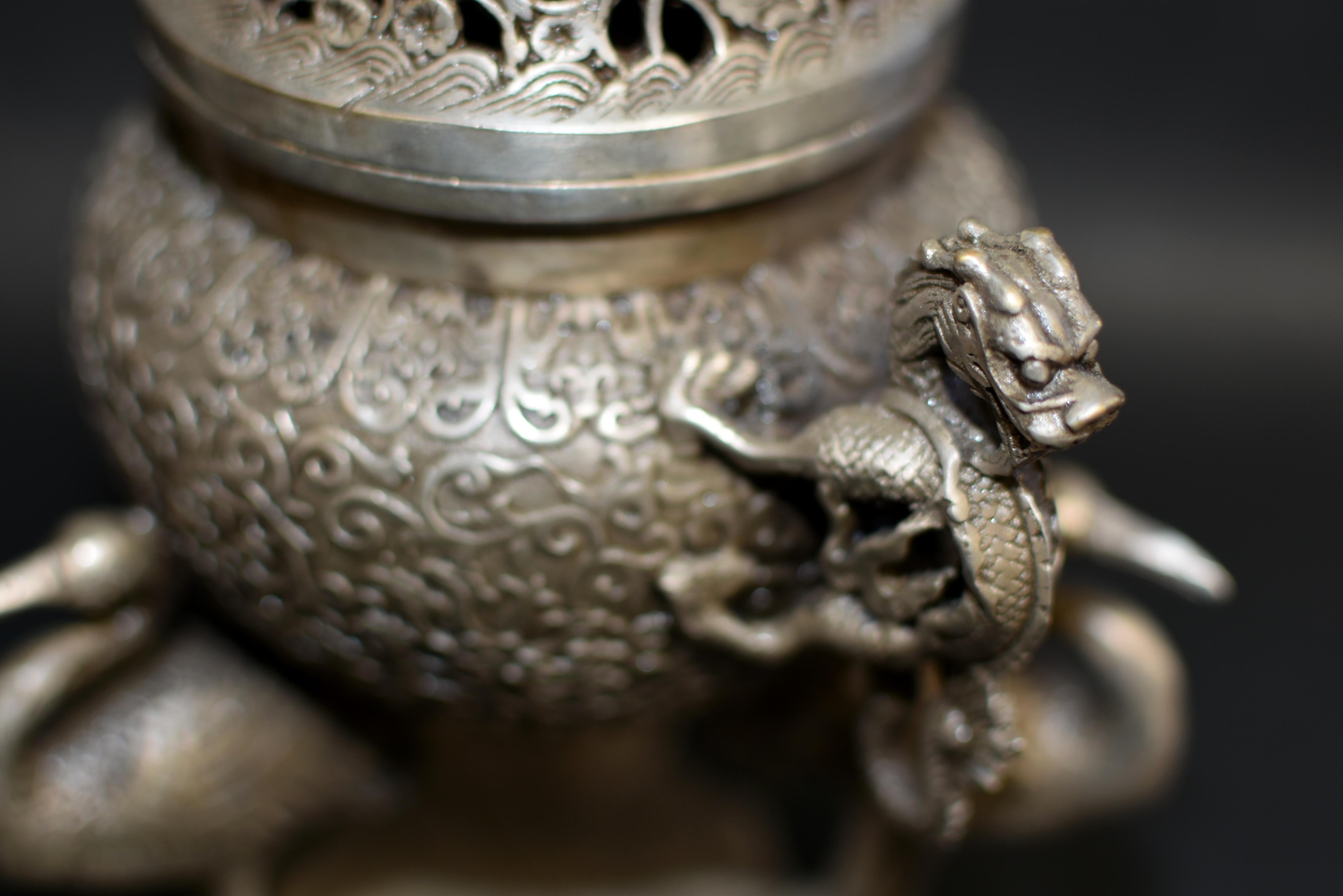 Silver Bronze Censer with Dragons and Egrets 3