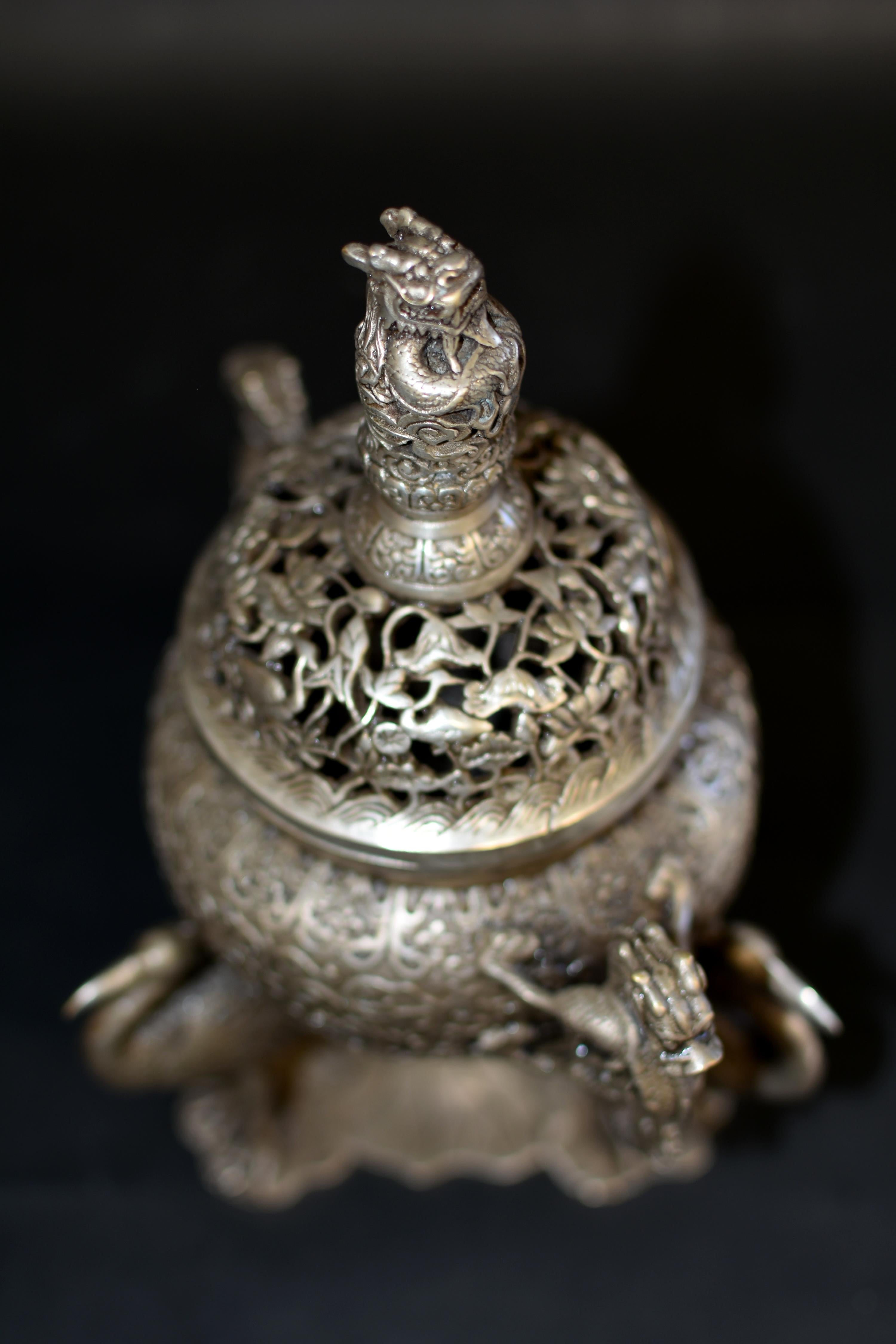 Silver Bronze Censer with Dragons and Egrets 7