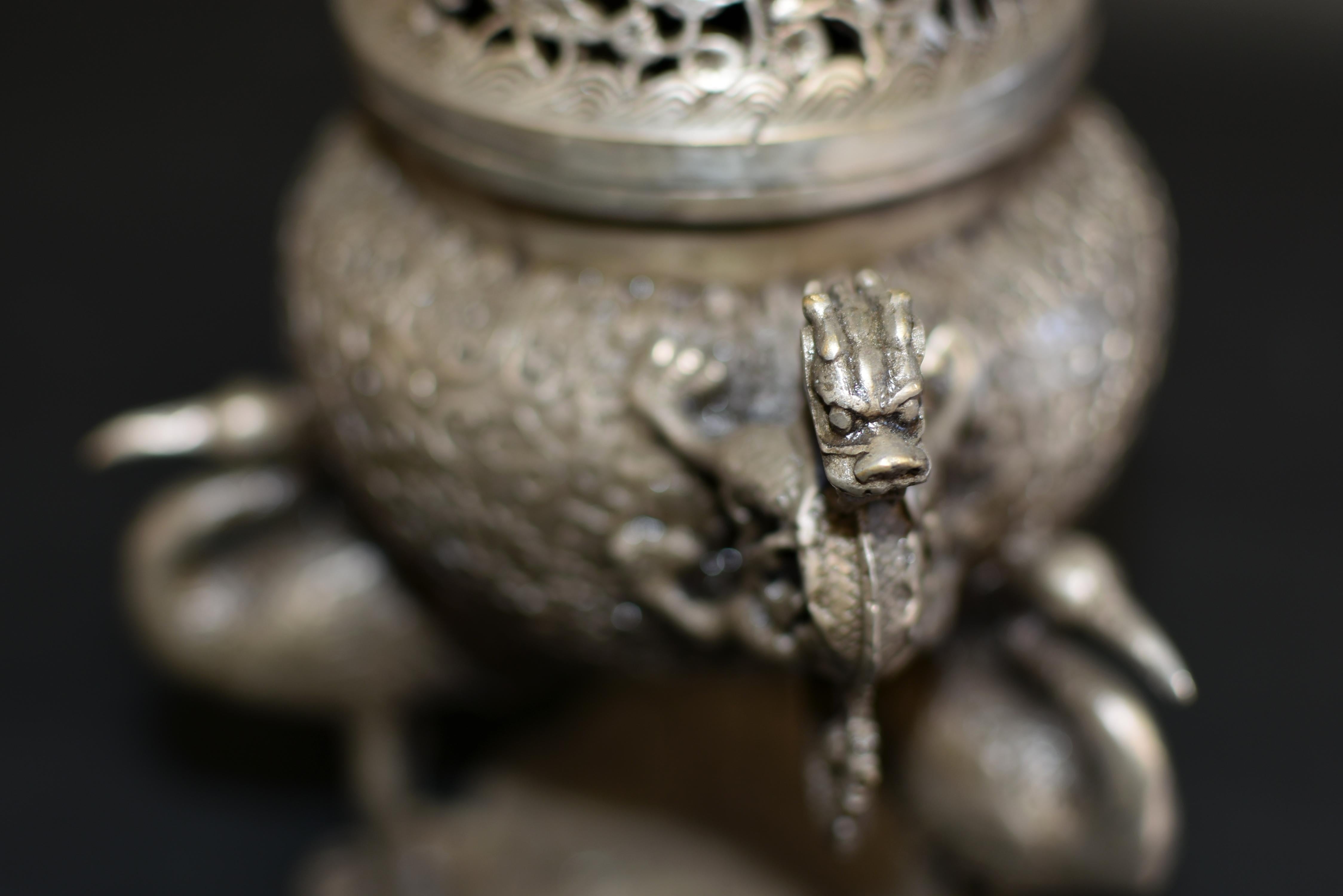 Silver Bronze Censer with Dragons and Egrets 8