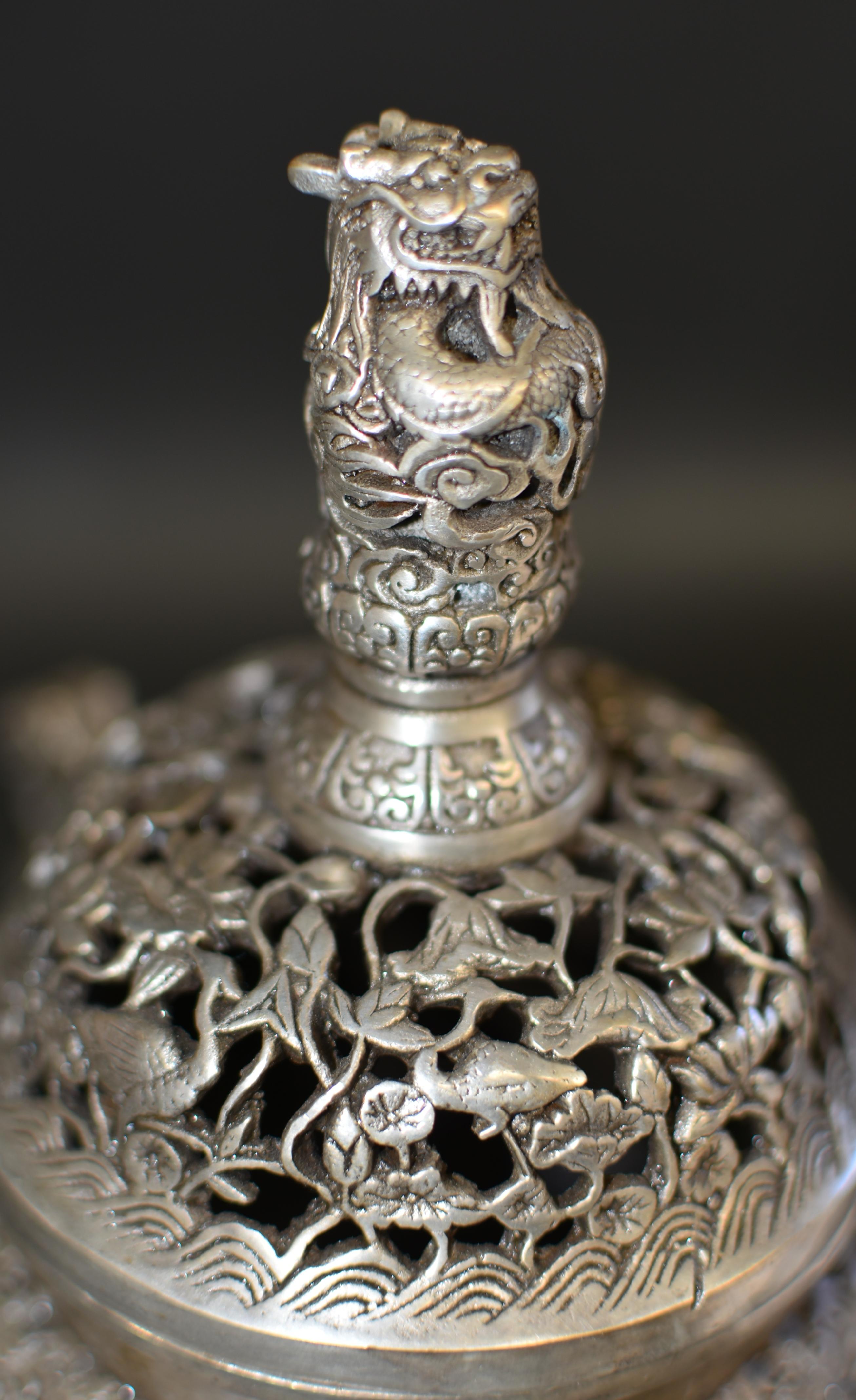 Silver Bronze Censer with Dragons and Egrets 10