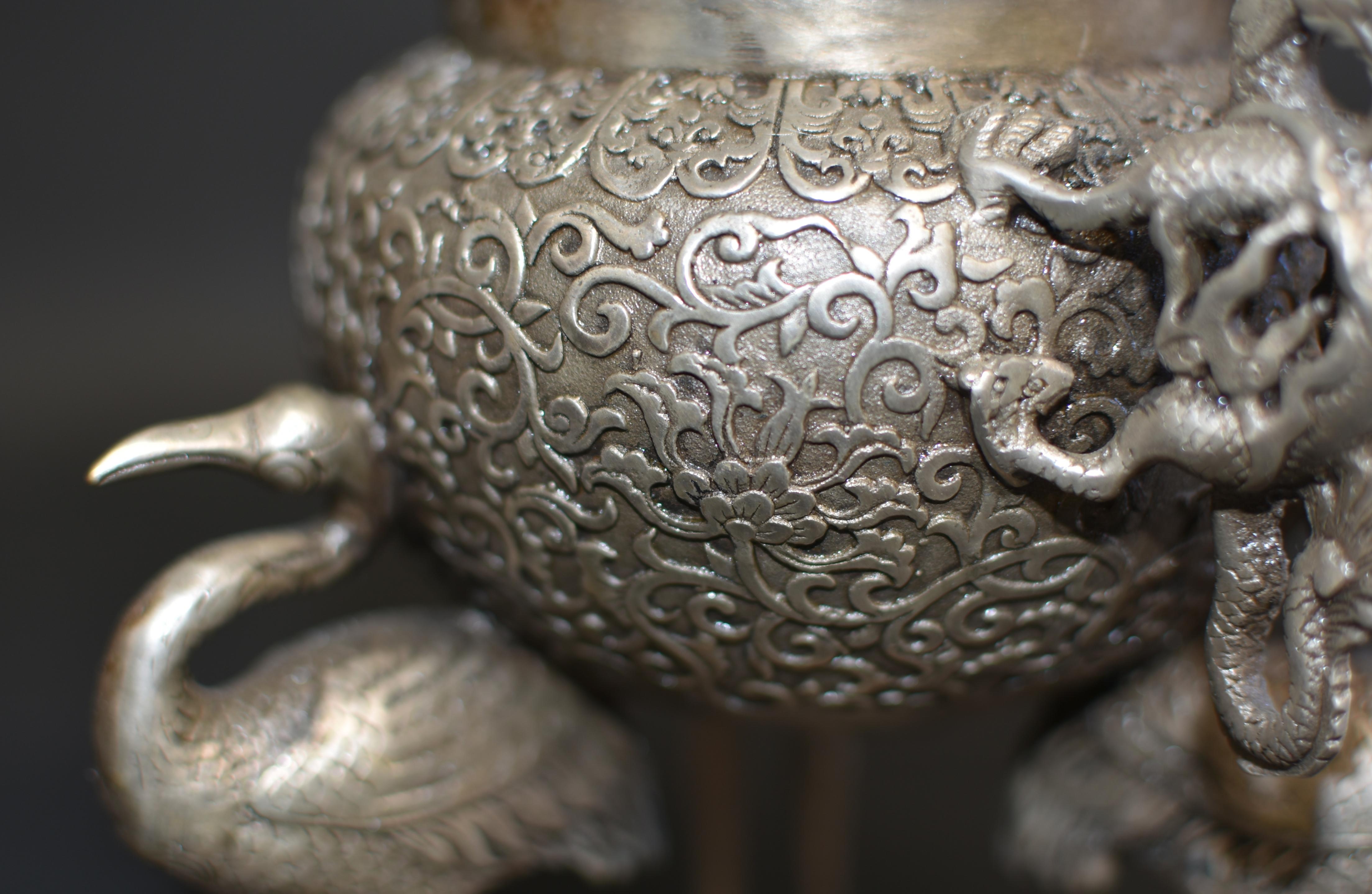 Silver Bronze Censer with Dragons and Egrets 11