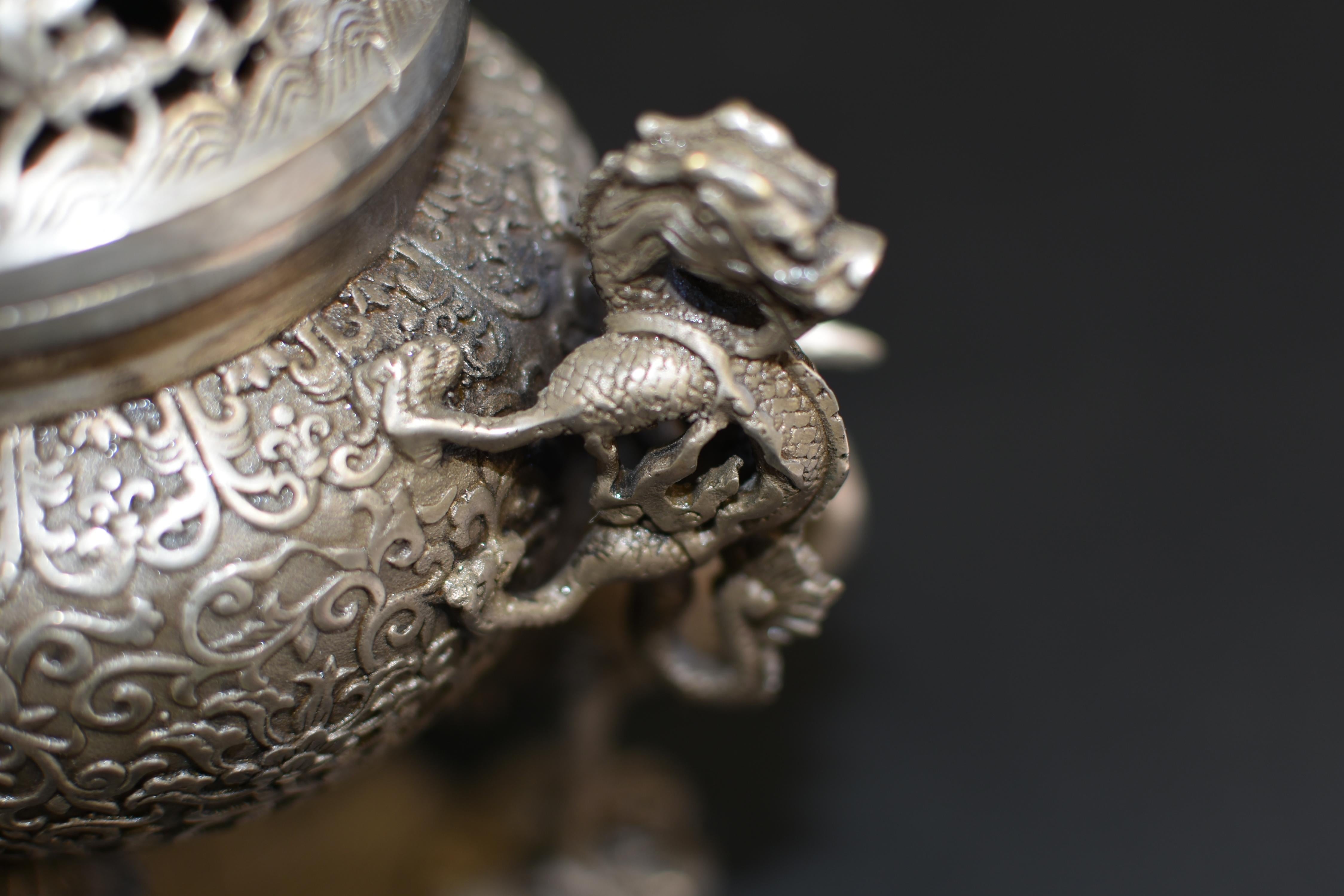 Silver Bronze Censer with Dragons and Egrets 12