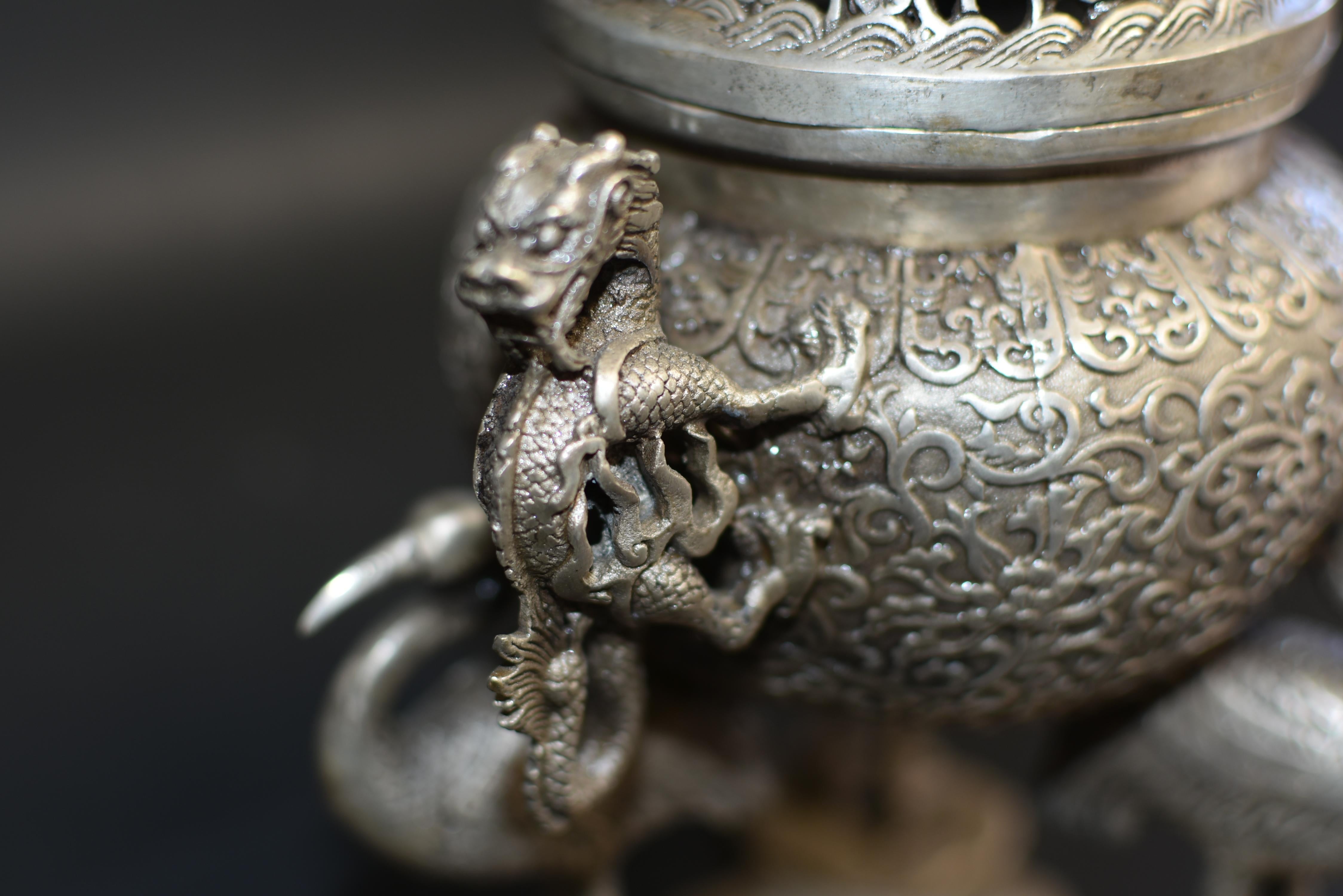 Silver Bronze Censer with Dragons and Egrets 13
