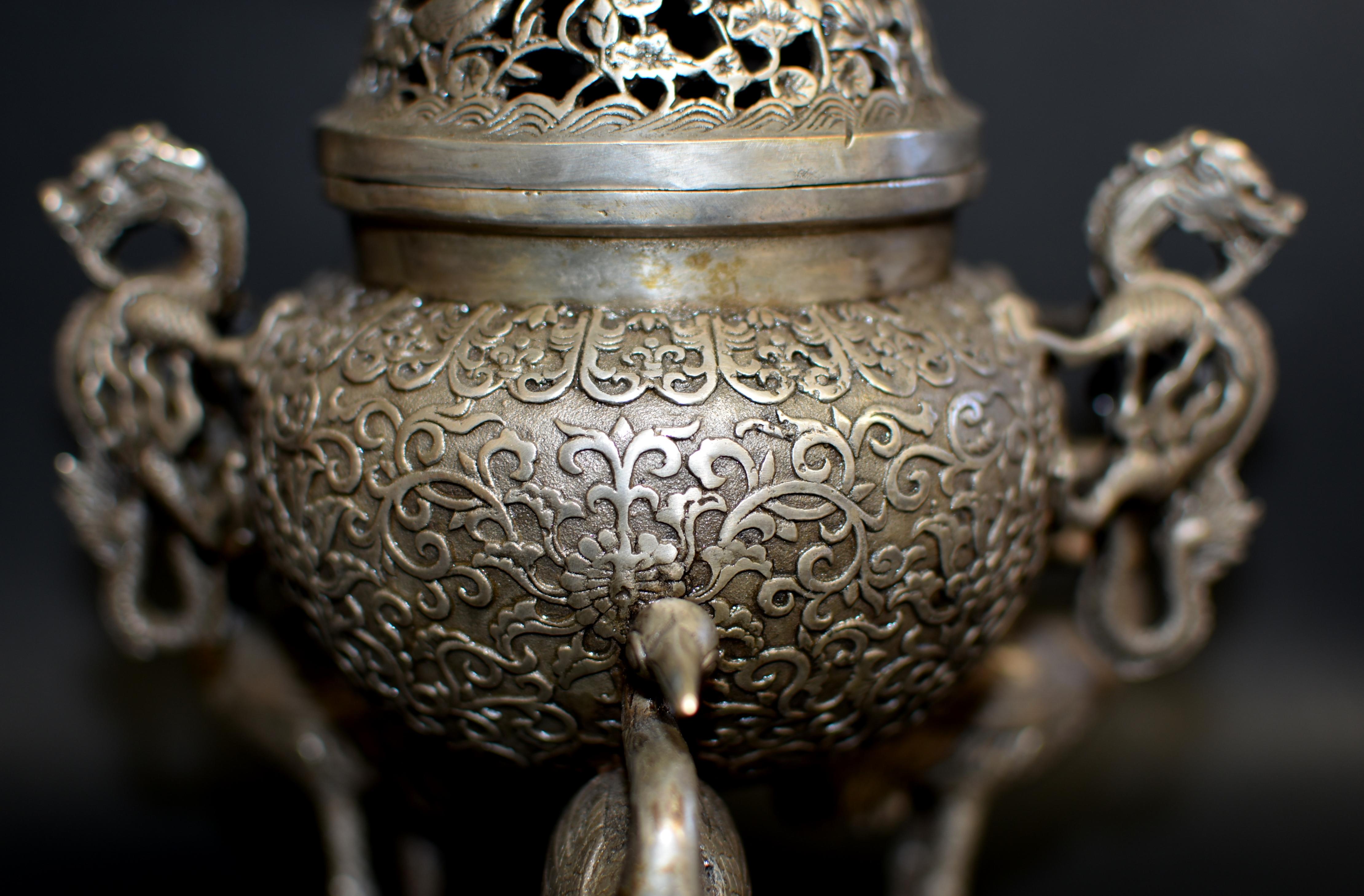 Qing Silver Bronze Censer with Dragons and Egrets