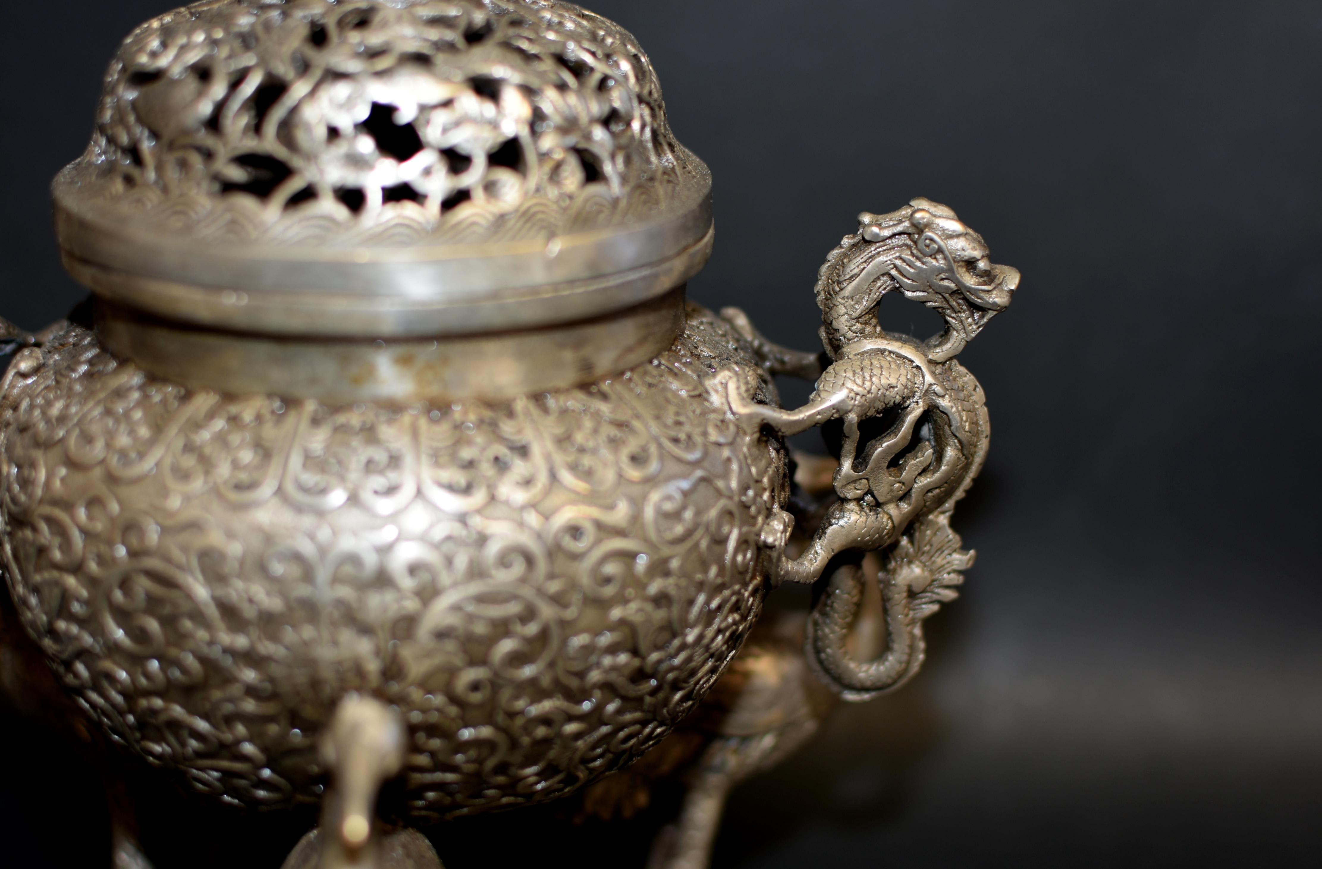 Chinese Silver Bronze Censer with Dragons and Egrets