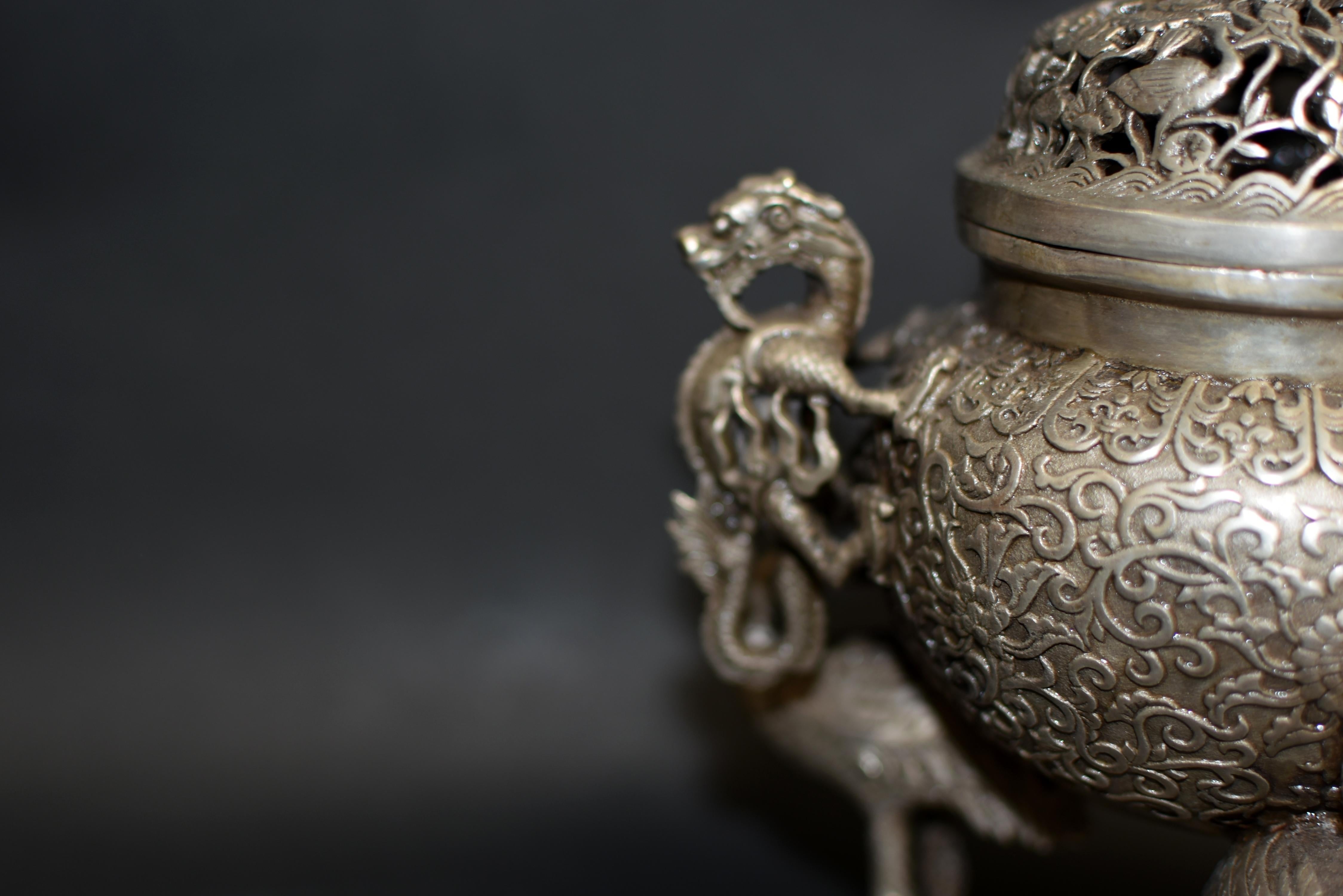 Silvered Silver Bronze Censer with Dragons and Egrets
